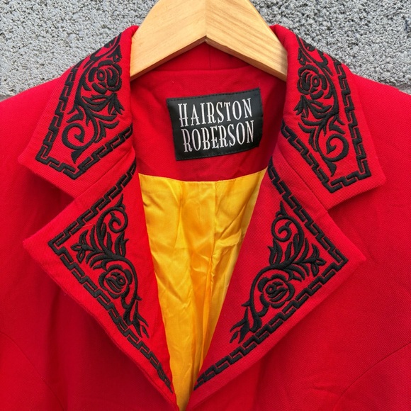 Rare Vintage Hairston Roberson Red Wool Embroidered Floral Blazer Suit Jacket - Picture 3 of 11